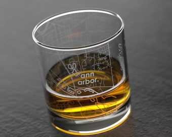 Ann Arbor, MI City Map Rocks Glass | Engraved Whiskey Glass (11oz) | Etched Bourbon Glasses | New House Warming Gift | Gifts for Him