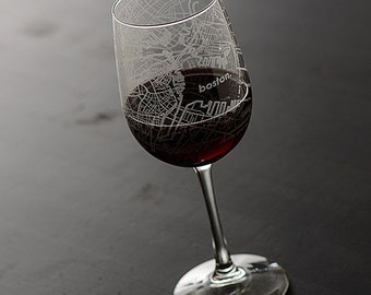 Boston Map Stemmed Wine Glass | Engraved Wine Glasses (16oz) | Etched Wine Stem Glass | Housewarming Gift | Moving Gift