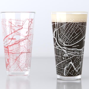 Boston MA Map Pint Glass Pair - Red & White