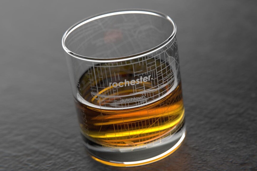 Rochester, NY City Map Rocks Glass Engraved Whiskey Glass 11oz Etched
