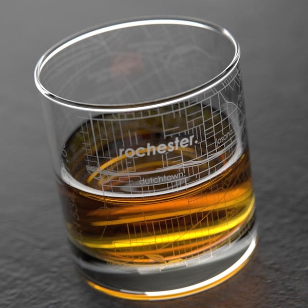 Rochester, NY City Map Rocks Glass | Engraved Whiskey Glass (11oz) | Etched Bourbon Glasses | New House Warming Gift | Gifts for Him