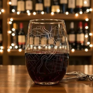 Custom City Map Stemless Wine Glass | Any City / Town Personalized | Custom Etched Wine Glass (15oz) | Engraved Wine Glass | Custom Gift image 3