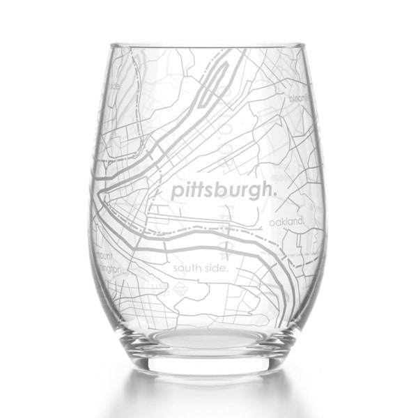 Pittsburgh Map Stemless Wine Glass | Engraved Wine Glass (15oz) | Etched Wine Glasses | Bridesmaid Gift | Gift For Her