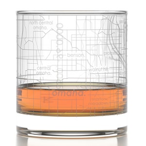 Omaha City Map Rocks Glass Engraved Whiskey Glass 11oz Etched Bourbon Glasses Housewarming Gift Gifts for Him Urban Map Glass image 2