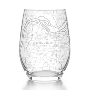 Louisville, KY Map Stemless Wine Glass | Engraved Wine Glass (15oz) | Etched Wine Glass| Urban Map Glass | Birthday Gift