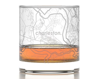 Charleston SC City Map Rocks Glass | Engraved Whiskey Glass (11oz) | Etched Bourbon Glasses | New House Warming Gift | Gifts for Him