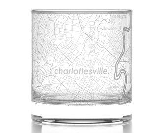 Charlottesville City Map Rocks Glass | Engraved Whiskey Glass (11oz) | Etched Bourbon Glasses | Housewarming Gift | Gifts for Him