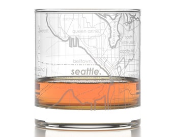 Seattle City Map Rocks Glass | Engraved Whiskey Glass (11oz) | Etched Bourbon Glasses | Housewarming Gift | Gifts for Him  | Urban Map Glass