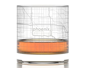 Phoenix City Map Rocks Glass | Engraved Whiskey Glass (11oz) | Etched Bourbon Glasses | Housewarming Gift | Gifts for Him  | Urban Map Glass