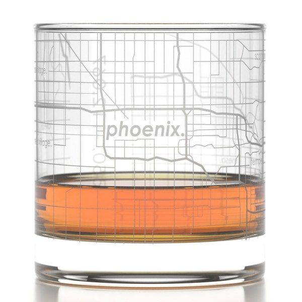 Phoenix City Map Rocks Glass | Engraved Whiskey Glass (11oz) | Etched Bourbon Glasses | Housewarming Gift | Gifts for Him  | Urban Map Glass