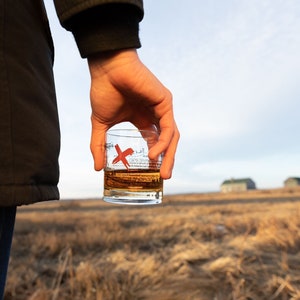 May include: A person is holding a glass of amber liquid with a red X on the side. The glass is in focus, while the person and the background are blurred. The background is a field of dry grass with a few buildings in the distance.
