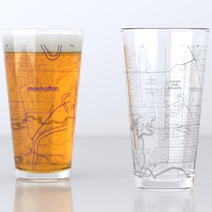 Manhattan KS Map Pint Glass Pair - Purple & Gray