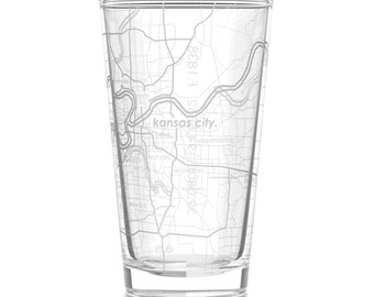 Kansas City Map Pint Glass | Engraved Beer Glass (16oz) | Etched Drinking Glasses | Gifts for Him | Birthday Gift | Map of Kansas City