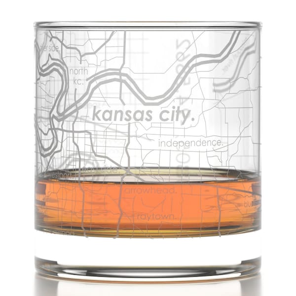 Kansas City Map Rocks Glass | Engraved Whiskey Glass (11oz) | Etched Bourbon Glasses | New House Warming Gift | Gifts for Him