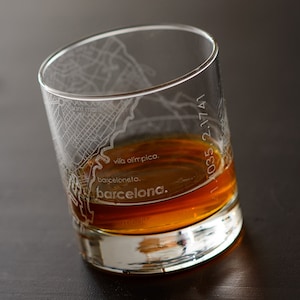 Barcelona City Map Rocks Glass | Engraved Whiskey Glass (11oz) | Etched Bourbon Glasses | Travel Lover Gift | Gifts for Him