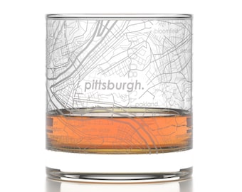 Pittsburgh City Map Rocks Glass | Engraved Whiskey Glass (11oz) | Etched Bourbon Glasses | New House Warming Gift | Gifts for Him