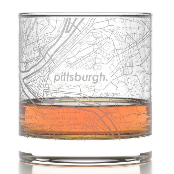 Vaso de whisky con mapa de la ciudad de Pittsburgh (325 ml) / Vaso de bourbon grabado / Regalo para inauguración de una casa nueva / Regalos para él