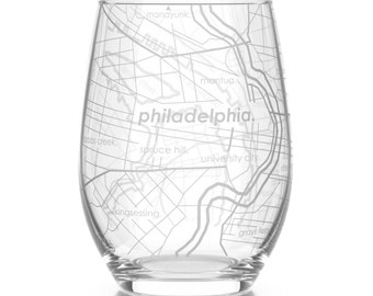 Philadelphia Map Stemless Wine Glass | Engraved Wine Glass (15oz) | Etched Wine Glass | Bridesmaid Gift | Gift For Her