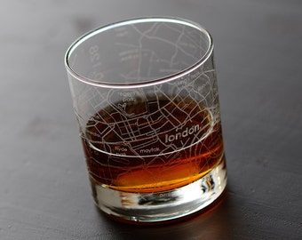 London England City Map Rocks Glass | Engraved Whiskey Glass (11oz) | Etched Bourbon Glasses | Travel Lover Gift | Gifts for Him