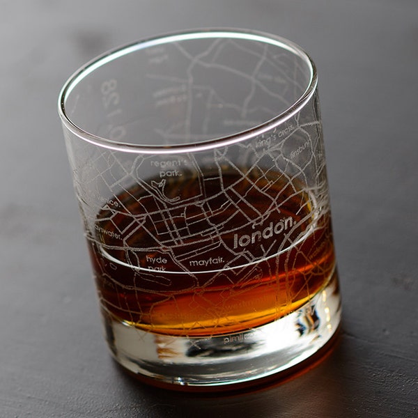 London England City Map Rocks Glass | Engraved Whiskey Glass (11oz) | Etched Bourbon Glasses | Travel Lover Gift | Gifts for Him