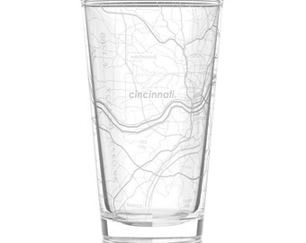 Cincinnati Map Pint Glass | Engraved Beer Glass (16oz) | Etched Drinking Glasses | Gifts for Him | Birthday Gift | Map of Cincinnati