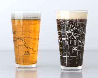 East Lansing MI Map Pint Glass Pair - Green & White