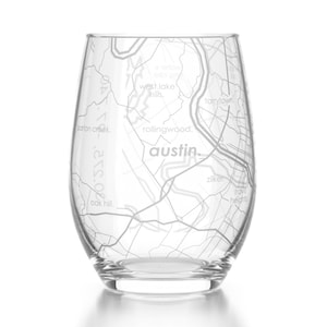 Austin Map Stemless Wine Glass | Engraved Wine Glass (15oz) | Etched Wine Glasses | Housewarming Gift | Moving Gift