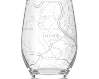 Austin Map Stemless Wine Glass | Engraved Wine Glass (15oz) | Etched Wine Glasses | Housewarming Gift | Moving Gift