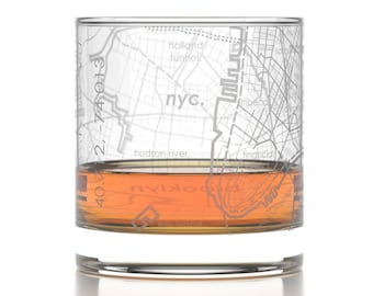 New York City Map Rocks Glass | Engraved Whiskey Glass (11oz) | Etched Bourbon Glasses | New Apartment Gift | Gift for Him | Urban Map Glass