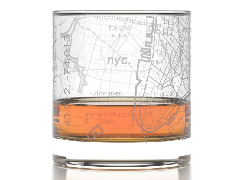 New York City Map Rocks Glass Engraved Whiskey Glass 11oz Etched Bourbon Glasses New Apartment Gift Gift for Him Urban Map Glass image 1