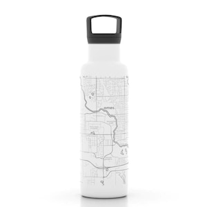 May include: White stainless steel water bottle with a black lid and handle. The bottle features a black and white map of Ames, Iowa.
