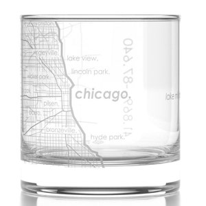 Chicago City Map Rocks Glass Engraved Whiskey Glass 11oz Etched Bourbon Glasses New Apartment Gift Gift for Him Urban Map Glass image 3