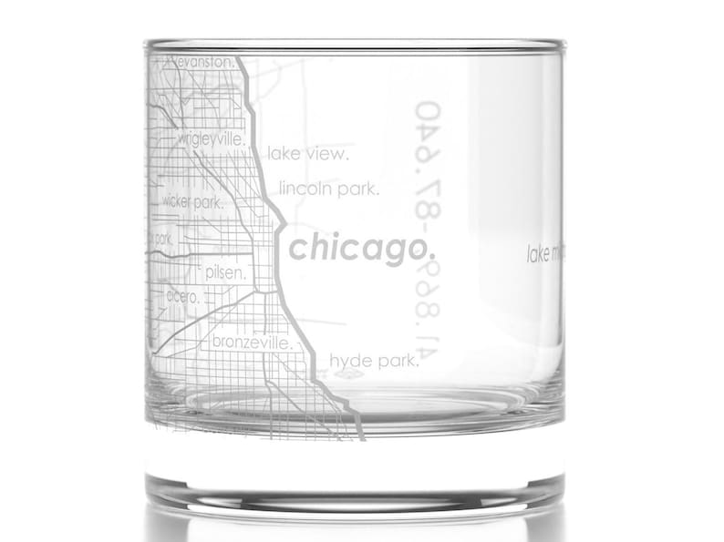 Chicago City Map Rocks Glass Engraved Whiskey Glass 11oz Etched Bourbon Glasses New Apartment Gift Gift for Him Urban Map Glass image 3