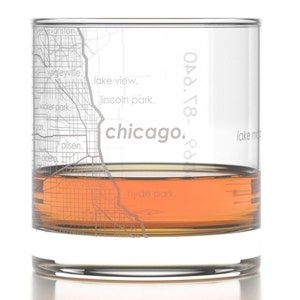 Chicago City Map Rocks Glass Engraved Whiskey Glass 11oz Etched Bourbon Glasses New Apartment Gift Gift for Him Urban Map Glass image 2