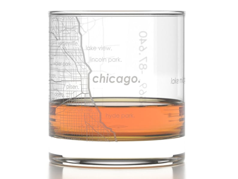 Chicago City Map Rocks Glass Engraved Whiskey Glass 11oz Etched Bourbon Glasses New Apartment Gift Gift for Him Urban Map Glass image 2