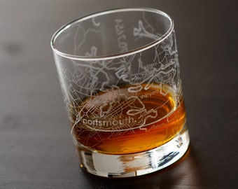 Portsmouth City Map Rocks Glass | Engraved Whiskey Glass (11oz) | Etched Bourbon Glasses | New House Warming Gift | Gifts for Him