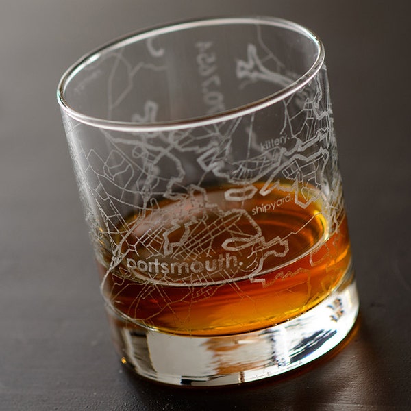 Portsmouth City Map Rocks Glass | Engraved Whiskey Glass (11oz) | Etched Bourbon Glasses | New House Warming Gift | Gifts for Him