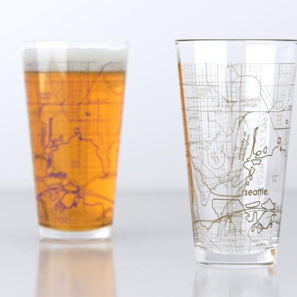 Seattle WA Map Pint Glass Pair - Purple & Gold