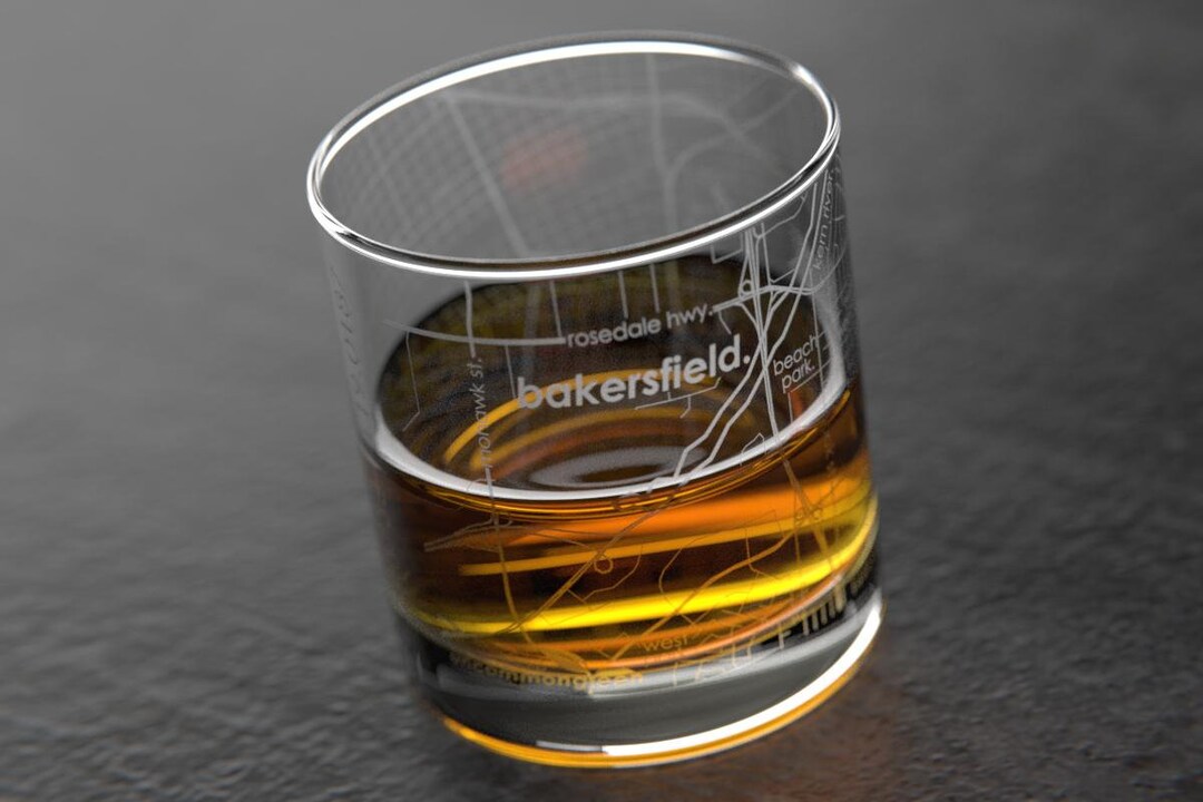 Bakersfield, CA City Map Rocks Glass Engraved Whiskey Glass 11oz Etched