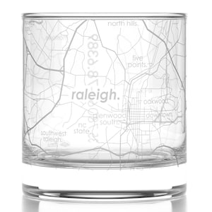 Raleigh City Map Rocks Glass Engraved Whiskey Glass 11oz Etched Bourbon Glasses Housewarming Gift Gifts for Him Urban Map Glass image 2