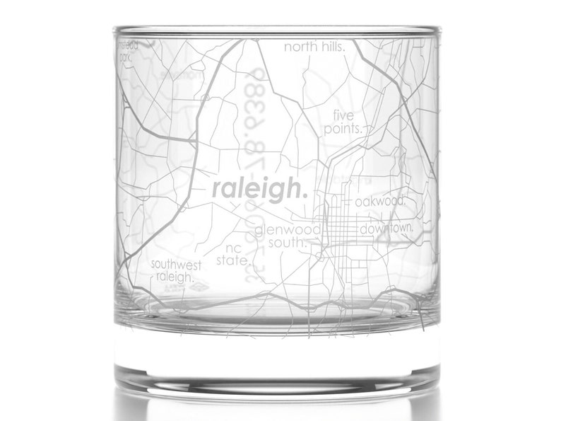 Raleigh City Map Rocks Glass Engraved Whiskey Glass 11oz Etched Bourbon Glasses Housewarming Gift Gifts for Him Urban Map Glass image 2