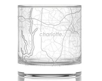 Charlotte City Map Rocks Glass | Engraved Whiskey Glass (11oz) | Etched Bourbon Glasses | New House Warming Gift | Gifts for Him