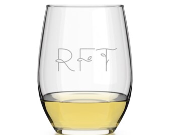 Custom Monogram Stemless Wine Glass | Personalized Initials Wine Glass (15oz) | John Jenkins Crystal Option | Engraved Custom Wedding Gift