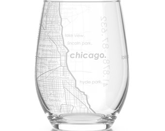 Chicago Map Stemless Wine Glass | Engraved Wine Glass (15oz) | Etched Wine Glasses | Housewarming Gift | Moving Gift