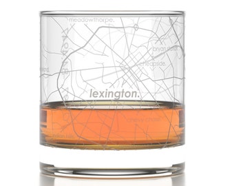 Lexington KY City Map Rocks Glass | Engraved Whiskey Glass (11oz) | Etched Bourbon Glasses | New House Warming Gift | Gifts for Him