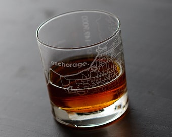 Anchorage City Map Rocks Glass | Engraved Whiskey Glass (11oz) | Etched Bourbon Glasses | New House Warming Gift | Gifts for Him