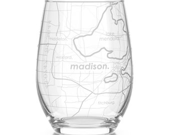 Madison WI Map Stemless Wine Glass | Engraved Wine Glass (15oz) | Etched Wine Glass| Urban Map Glass | Birthday Gift