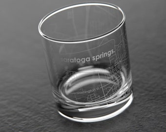 Saratoga Springs NY City Map Rocks Glass | Engraved Whiskey Glass (11oz) | Etched Bourbon Glasses | Gifts for Him  | Urban Map Glass