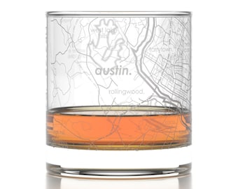 Austin City Map Rocks Glass | Engraved Whiskey Glass (11oz) | Etched Bourbon Glasses | Housewarming Gift | Gifts for Him  | Urban Map Glass