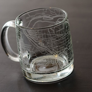 Portland OR Map Coffee Mug | Engraved Glass Mug (13oz) | Etched Tea Cup | Portland Gift | Portland Oregon Map | Portland Skyline Coffee Mug